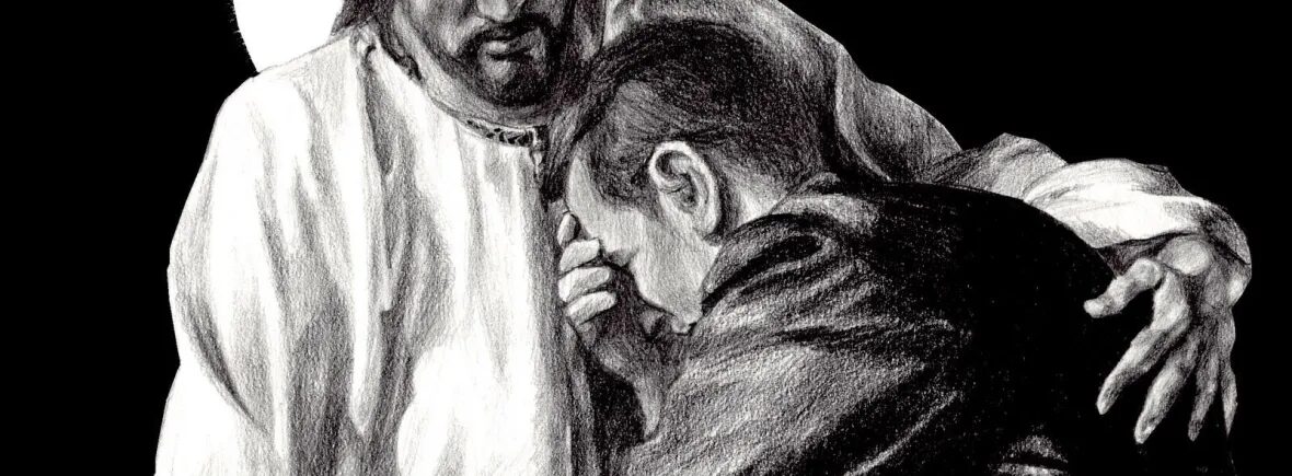 Illustration of a man in distress being embraced by a comforting figure in white robes on a dark background.